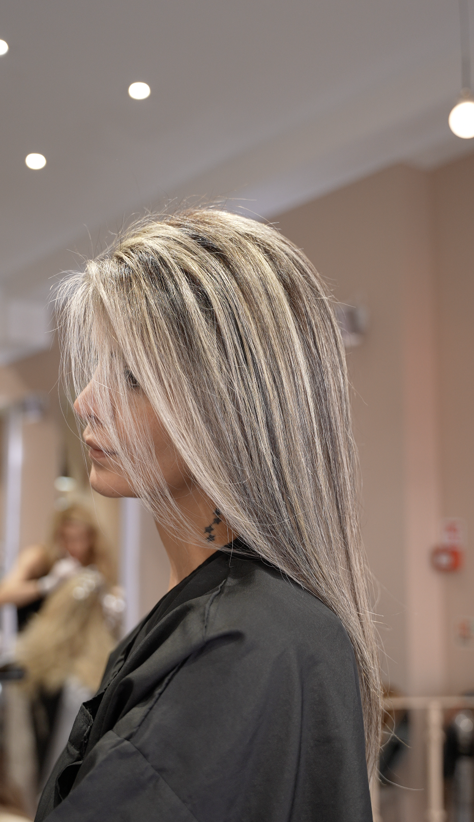 Side profile of long silver-blonde hair with dimensional highlights